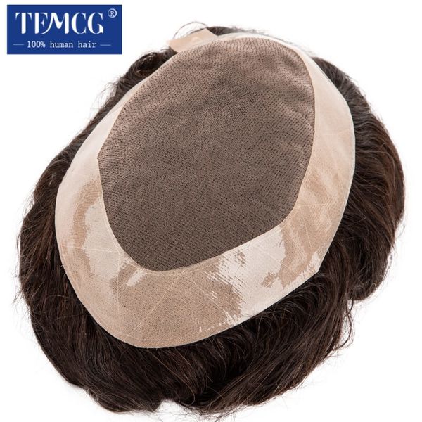 

men's children's wigs men wig natural human hair toupee mono male wig durable male hair prosthesis toupee men 6" hair replace, Black