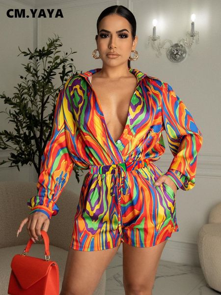 

women's two piece pants cm.yaya casual tie dye printed women's set lapel long sleeve shirt and shorts suit two 2 piece set female, White