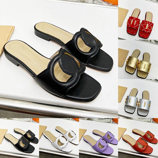 

2023 sandals interlocking letters hollow designer slide fashion low heels slippers leather for womens ladies girls summer luxury brands slid, Black