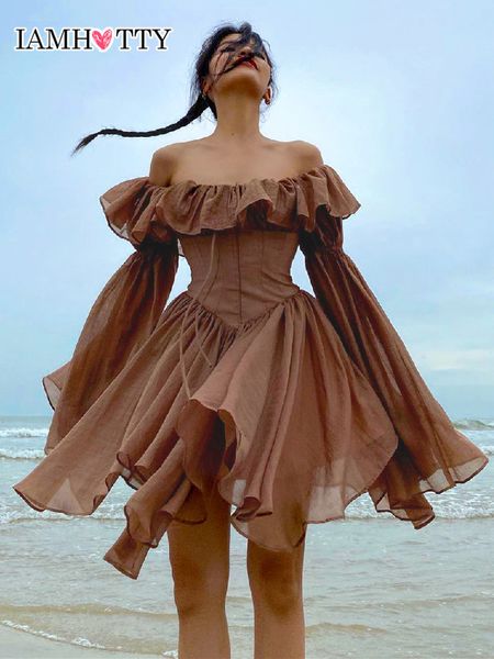 

casual dresses iamty elegant chiffon corset dress brown flare long sleeve mini dresses vacation short party dress ruffles slash neck outfit, Black;gray