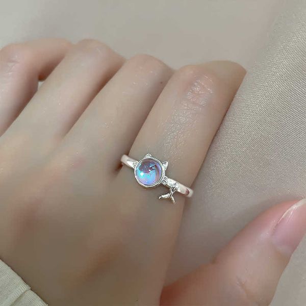 

band rings a girl' baby cute cat fish tail rings for women personality moonstone animal open ring creative silver color jewelry party g