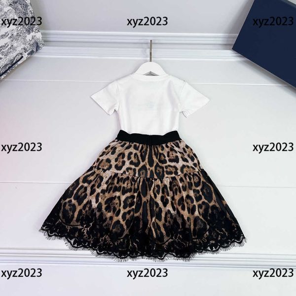 

luxury kids clothes child sets baby 2pcs tracksuit lace lace t-shirt and leopard print skirt size 90-150 cm, White