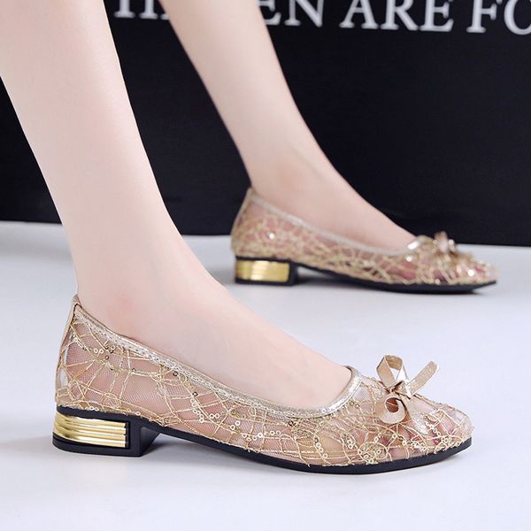

dress shoes fashion pointed toe women flats bow bling gold casual single summer ballerina shallow mouth plus size 230307, Black