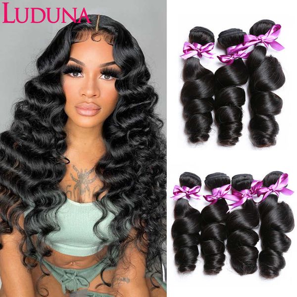 

wig caps luduna loose wave bundles 30 32 inchs brazilian human hair bundle double weft hair extensions natural jet black color weaves j23030, Black;brown