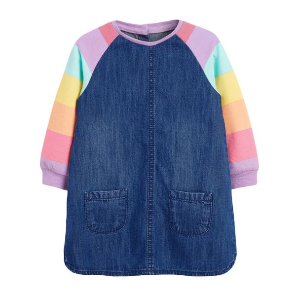 

baby girls denim dress autumn lovely children casual clothes with two pockets new fashion for kids 2-7 year, Red;yellow