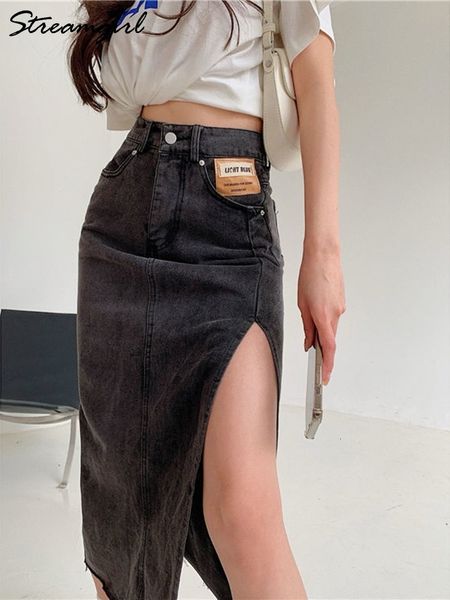

skirts streamgirl maxi jean denim long summer 2023 vintage side split korean 230307, Black