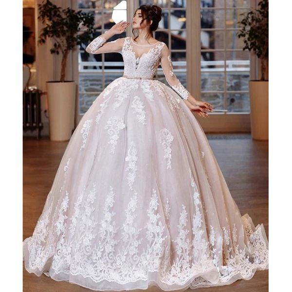 

2023 appliques lace ball gown wedding dresses sheer long sleeve scoop neck plus size bridal gowns elegant a line wedding dress, White