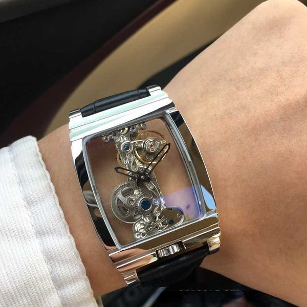 

fashion tonneau skeleton mechanical watch leather watch men's individuality waterproof luminous 11, Slivery;brown