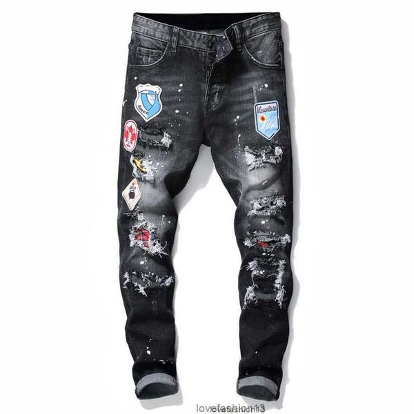 

men badge rips stretch flare pants black jeans men's fashion slim fit washed motocycle denim pants panelled hip hop trousers, Blue