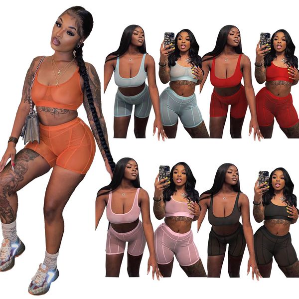 

2023 women sheer tracksuits 2 piece sets sleeveless t-shirts shorts summer jogging suit fashion solid color outfits pullover sportswear dhl, Gray