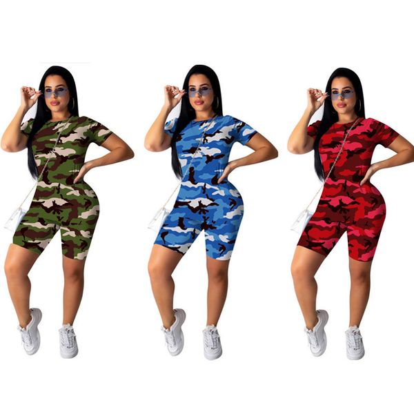

women's two piece pants women casual two-piece clothes set camouflage printed pattern short sleeve shorts blue army green red lady shor, White