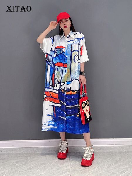 

skirts xitao shirt dress contrast color painting print loose fashion loose casual half sleeve turn-down collar dress wmd4568 230306, Black
