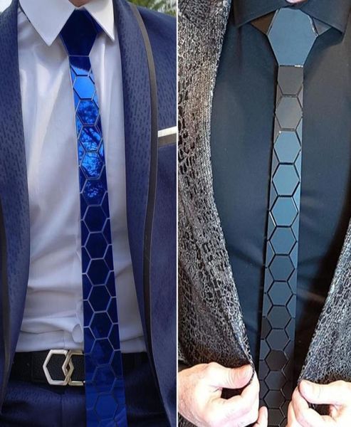 

neck ties 7 colors mirror acrylic men slim blue necktie glossy hexagonal plaid bling red tie silk for wedding party business gift 4145382, Blue;purple