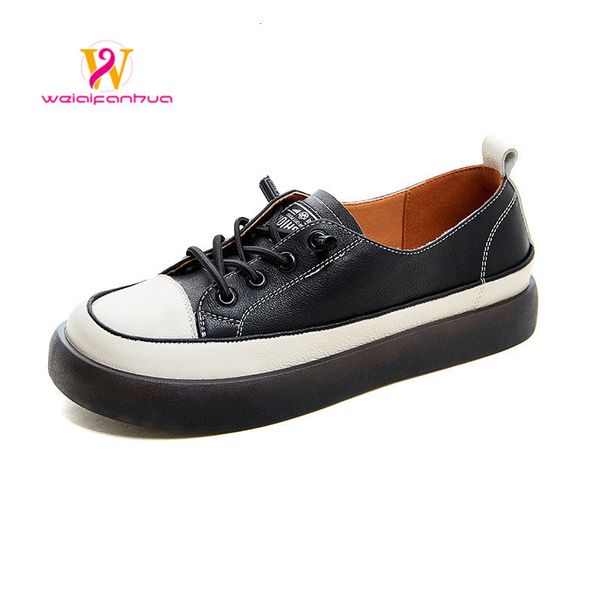 

dress shoe's sneakers loafers 2023 spring first layer cowhide fashion casual white flat laceup nurse 230307, Black
