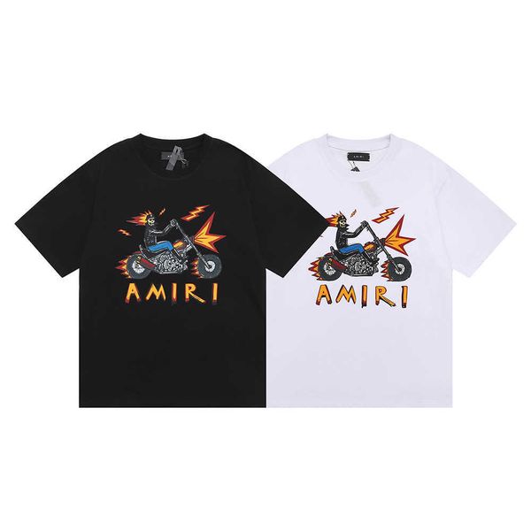 

high version summer new fashion brand locomotive skeleton evil knight print men's and women's short sleeve t-shirt, Black;white