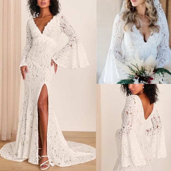 

bohemian beach lace a line wedding dresses v neck lace bridal gowns sweep train puffy sleeves boho gown lace dress robe de plus size, White
