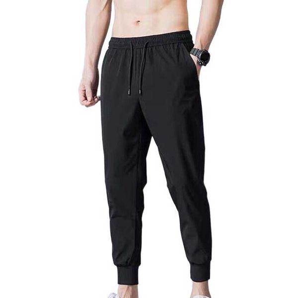 

men's pants ice silk men's breathable casual pants drawstring clothing joggers sweatpants fitness fashion ankle banded pockets tro, Black