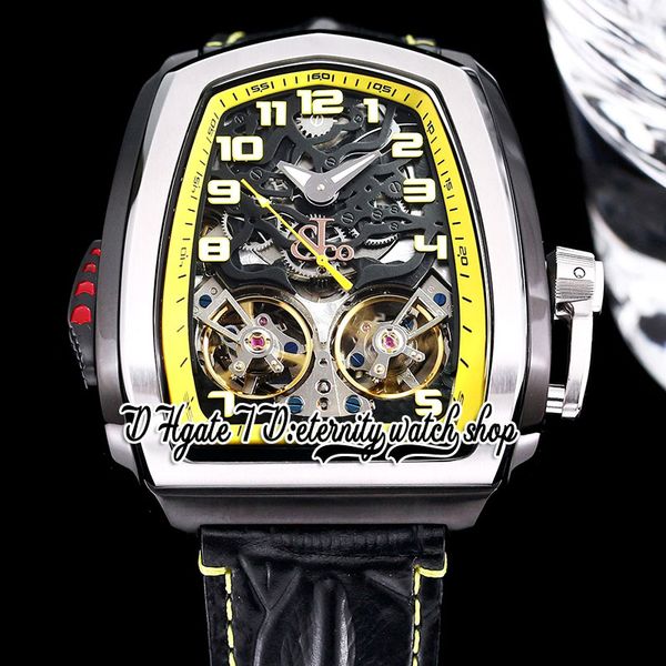 

bzf twin turbo mens watch jcfm05 twin tourbillon automatic dlc black steel case yellow dial number markers black leather strap 2023 super ed, Slivery;brown