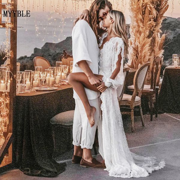 

party dresses bohemian wedding lace v neck elegant gown boho beach bridal dress long sleeves open back vestido novia 230306, White;black