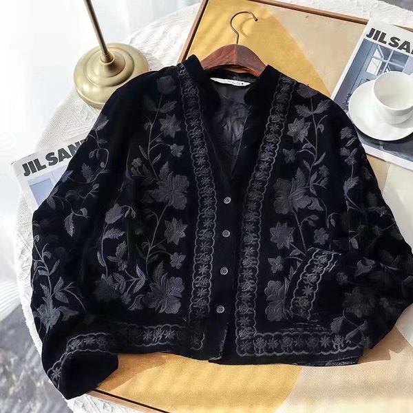 

women's jackets embroidery velvet black jacket vintage chic v-neck short outwears female single breasted 04786337800 230306, Black;brown