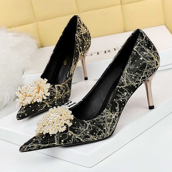 

shoes pearl flower women pumps rhinestone high heels ladies shoes luxury party shoes stilettos women heels plus size 43 230307, Black