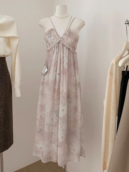 

casual dresses retro floral print women pleated patchwork suspender frocks female ruffle edge mid long halter dress french elegance vintage, Black;gray