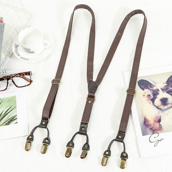 

suspenders heavy duty suspender clips men pants black coffee vintage pu leather 6 strap clip 18120cm metal copper buckle trousers braces 230, Black;white