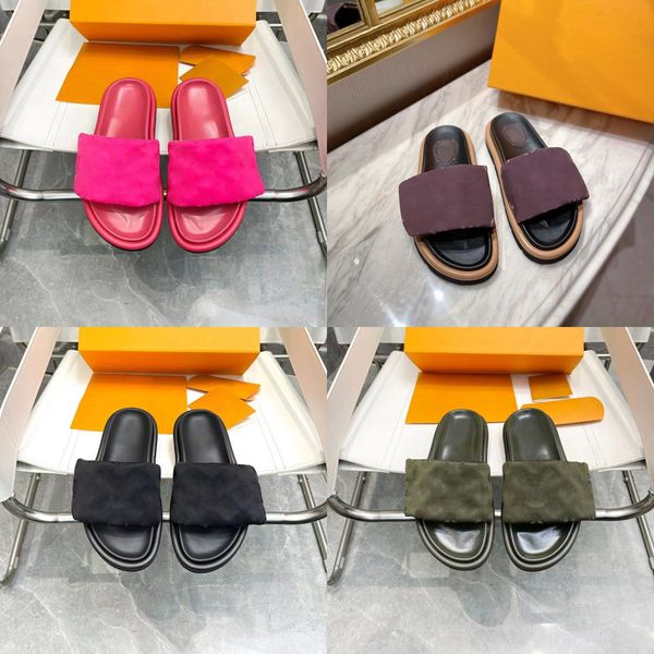 

designers slippers calfskin women sandals pool pillow comfort sandal hook loop fastener mules slipper rubber slides size35-45, Black