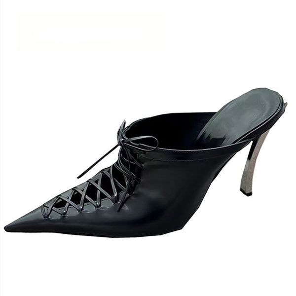 

2023 women's sandals spring and summer new european and american fashion metal thin high heel lace-up brand banquet show slippers, Black