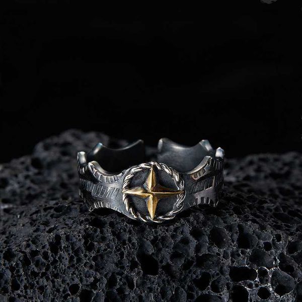 

band rings mens womens new vintage engraved gold color cross stars open ring temperament fashion street jewelry gift aa230306, Silver