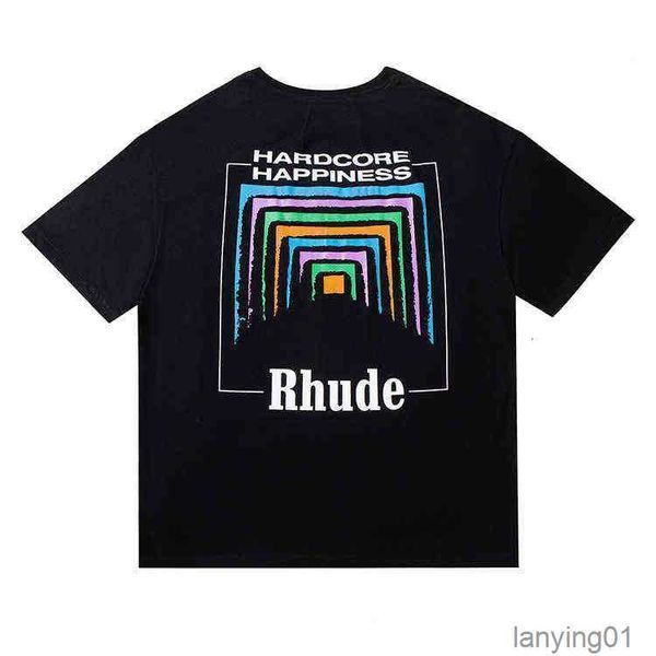 

22ss Fashion Brand Rhude t Shirt Short Sleeved Tunnel Abstract American High Street Loose Leisure Versatile Half T-shirt for, Black