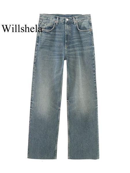 

women's jeans willshela women fashion denim blue front zipper trousers vintage mid waist female chic lady wide leg pants 230306
