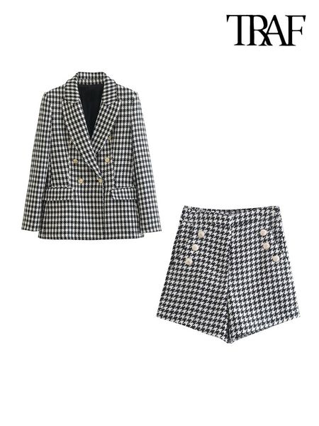 

women's two piece pants traf women fashion double breasted houndstooth blazer coat and high waist zipper fly shorts female two piece se, White
