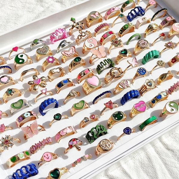 

cluster rings 50pcs lot trendy colorful flower heart butterfly tai chi crystal drip oil for women girls fashion ins mix ring set jewelry 230, Golden;silver