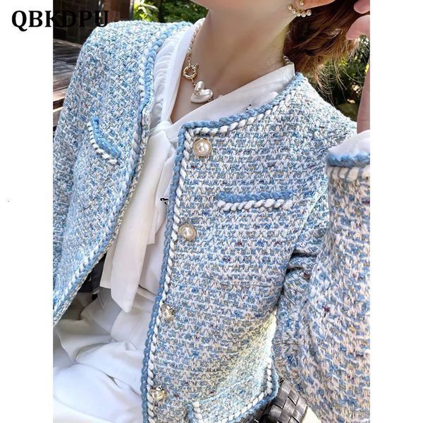 

women's jackets elegant luxury blue plaid tweed jacket women vintage round neck pearl button design short coat office lady korean 23030, Black;brown