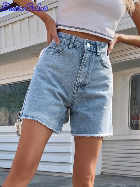 

women's plus size pants denimcolab 2023 fashion raw hem denim shorts woman summer high waist with cotton straight jeans ladies casual 2, Black