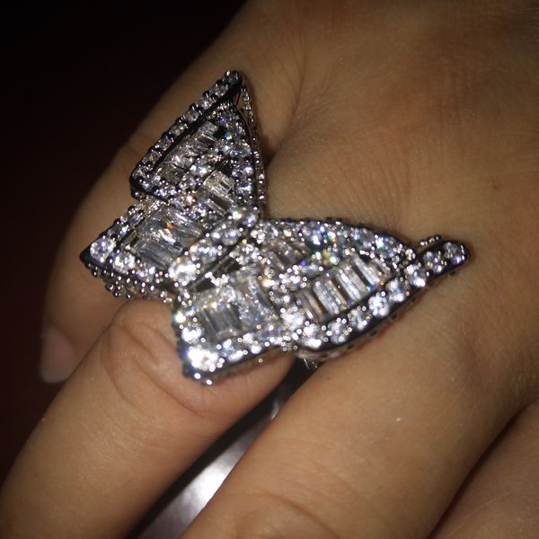 

butterfly cz bling iced out ring with shiny stones charms white gold plated micro paved full cubic zircon wedding rings gift for man and wom, Golden;silver