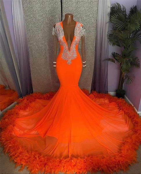 

burnt orange prom dresses deep v neck sheer long sleeves appliques beads evening gowns mermaid feather formal party gowns for african black