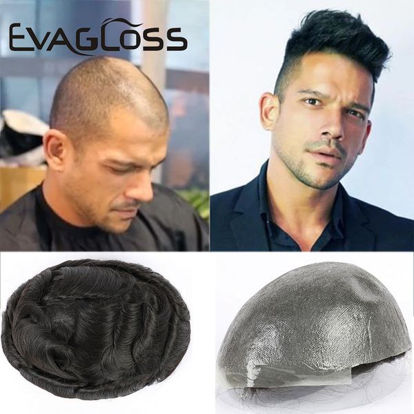 

men's children's wigs handmade human hair men toupee ultra thin skin pu hair system 0.2-0.03mm men's wig capillary prosthesis, Black