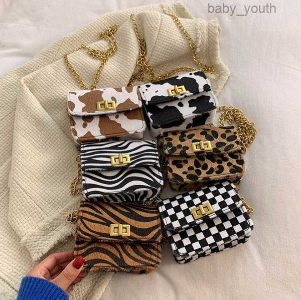 

kids faux horse fur zebra leopard purse girls checkered crossbody saddle bag designer children single shoulder princess bags q3239, Black