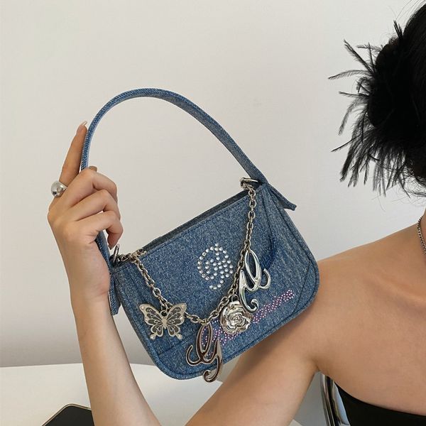 

evening bags firmranch personality cool black metal style y2k butterfly chain fringed denim woman shoulder armpit bag diamond letter chic 23