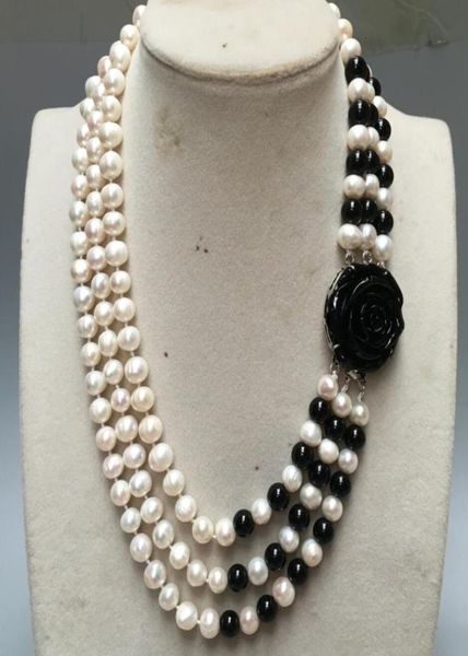

1720 8mm 3row round white freshwater pearls black stone necklac5636583, Silver