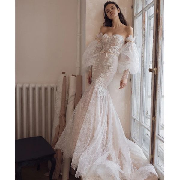 

lian rokman 2023 mermaid wedding dresses with detachable long sleeve appliqued lace bridal gowns sweep train, White