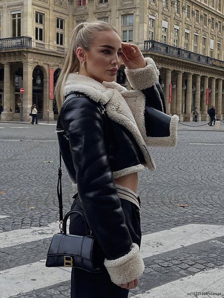 

women's jackets female vintage pu coat faux fur leather outerwear cropped coats winter warm solid zipper patchwork long sleeve jacket 2, Black;brown