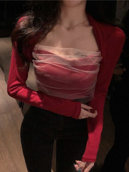 

women's hoodies sweatshirts korejepo mesh splice tshirt square neck 2023 spring autumn temperament net red slim versatile elegant fash, Black