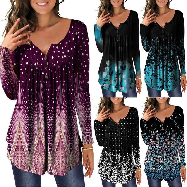 

women's blouses shirts spring pint womens tunic shirts round neck buttons blouse v-neck long sleeve tunic casual loose shirt blouses bl, White