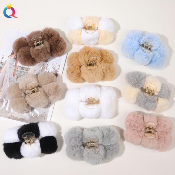 

winter plush hair claw clips ribbon faux furry korean claw large clip elegant acrylic barrette women hair clips headwear hair accessories 18, Slivery;white