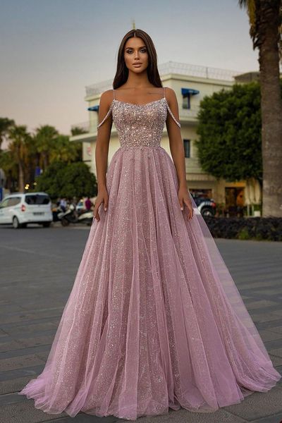 

brilliant a-line prom dresses spaghetti shining beads net pleats backless floor length available in multiple colors zipper plus size party d, Black
