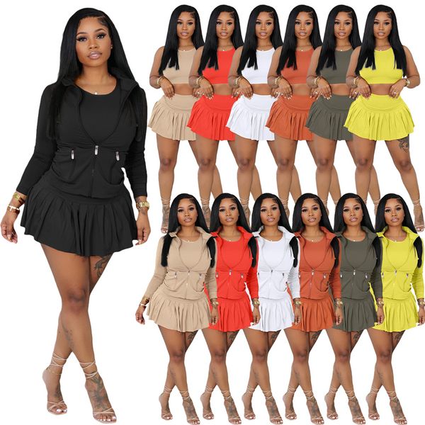 

designer women tracksuits solid long sleeve jacket tank and pleated skirt 3 pieces sets casual matching outfits spring sweatsuits wholesale, Gray