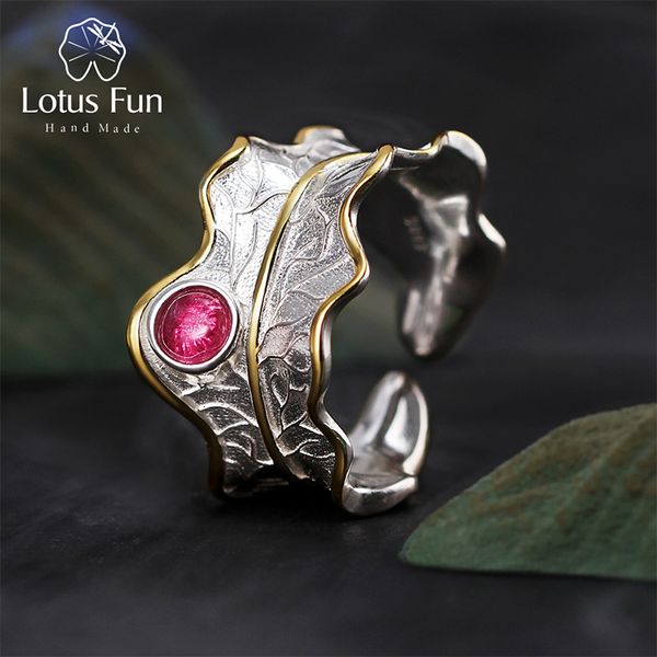 

wedding rings lotus fun real 925 sterling silver ring natural tourmaline gemstones fine jewelry adjustable peony leaf for women bijoux 23030, Slivery;golden